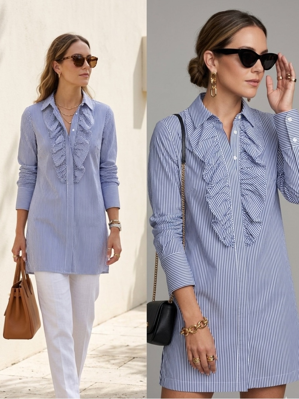 Chico's Blue and White Stripe Ruffle Front Tunic/mini shirt dress European summe